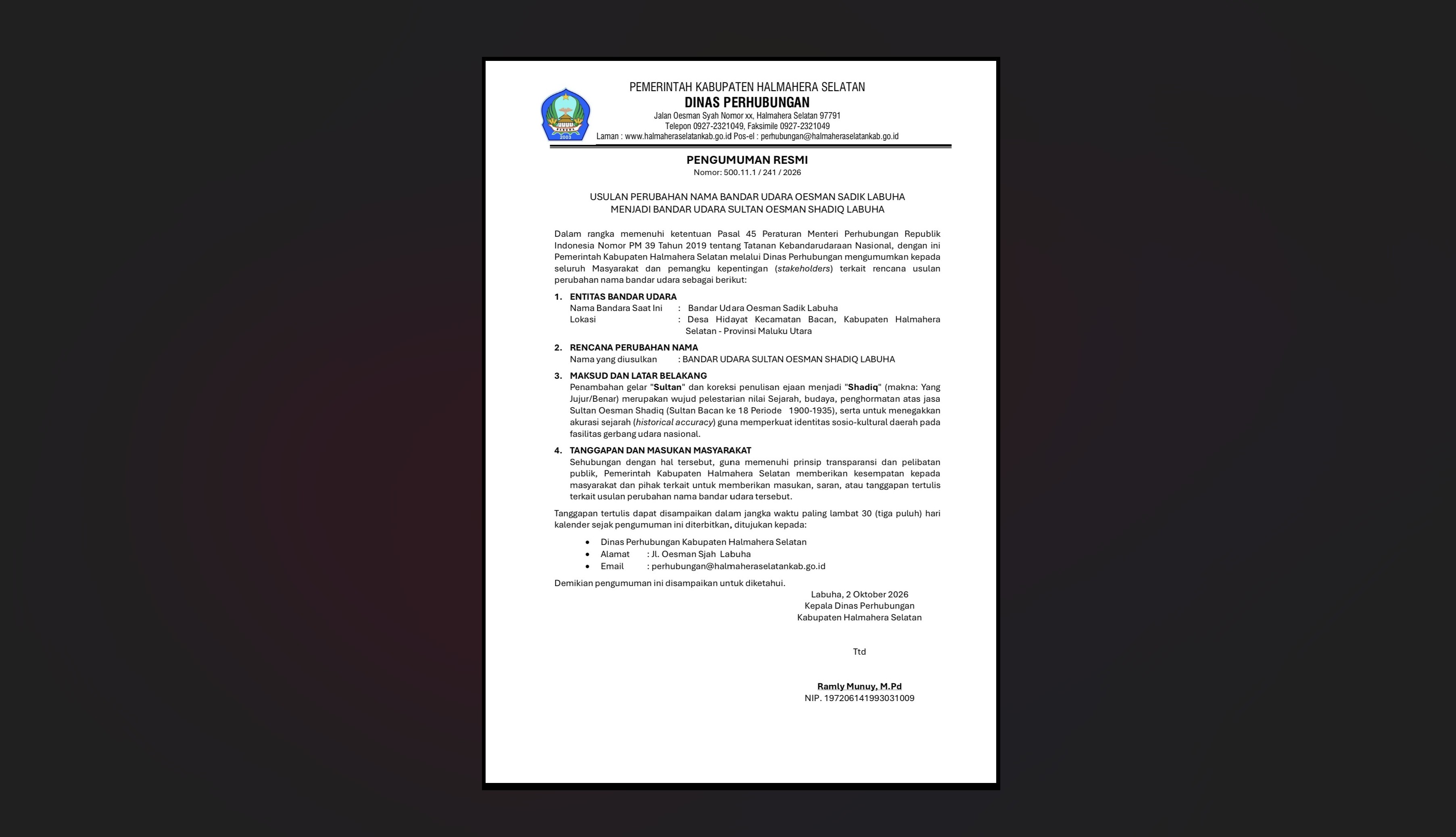 PENGUMUMAN RESMI USULAN PERUBAHAN NAMA BANDAR UDARA KELAS III LABUHA